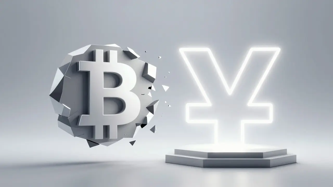 A solid digital yuan symbol replacing a dissolving low poly Bitcoin