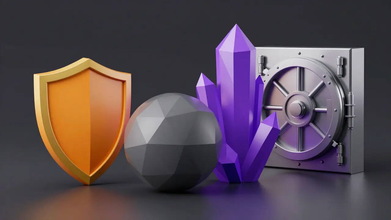 Abstract low poly shapes representing beginner and professional trading tools and security.