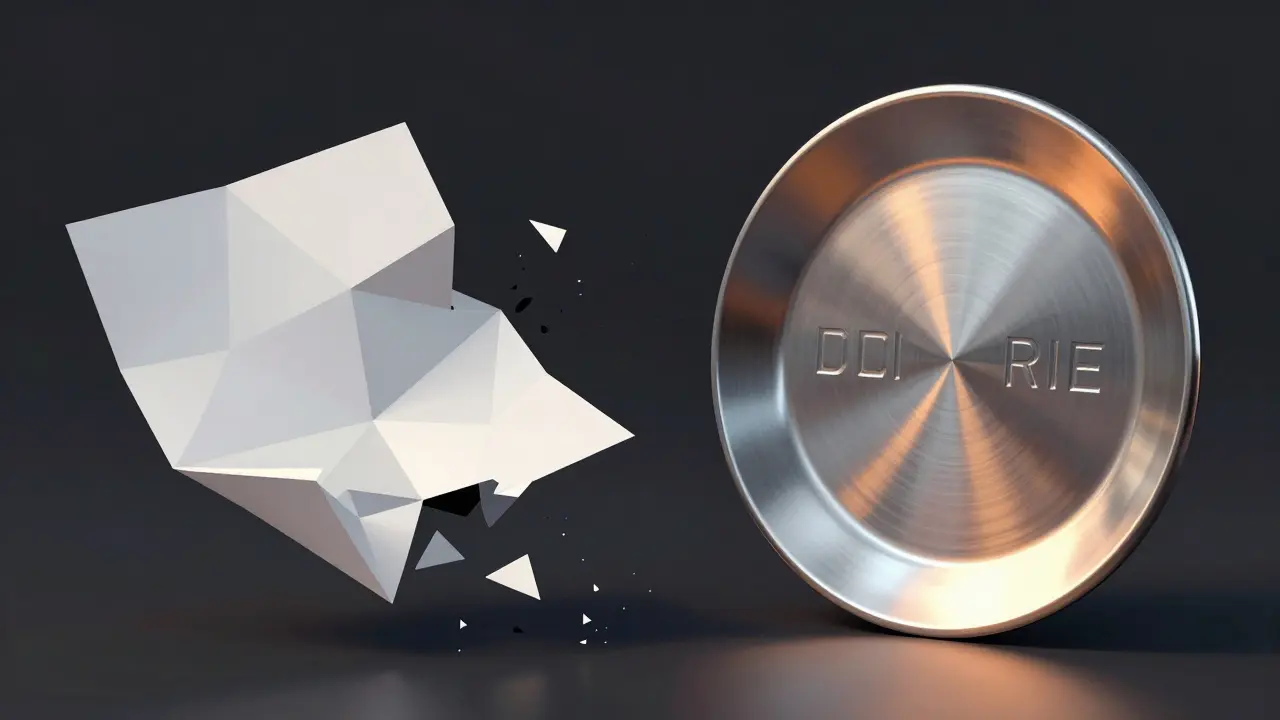 Comparison of a decaying low poly paper note and a durable stainless steel seed phrase plate