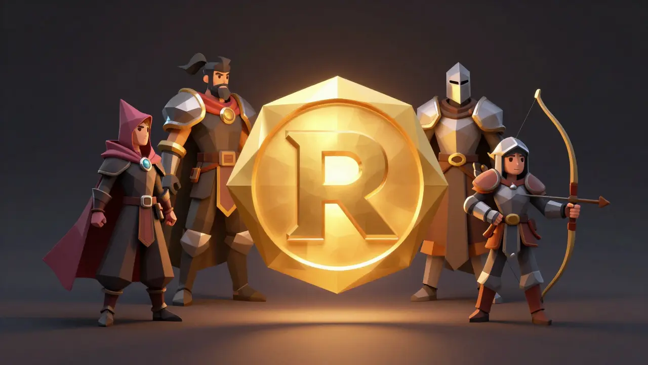 Group of low poly fantasy heroes surrounding a glowing golden RAID token