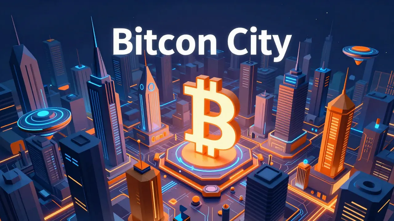 Low poly aerial view of a futuristic, high-tech Bitcoin City with neon geometric skyscrapers.