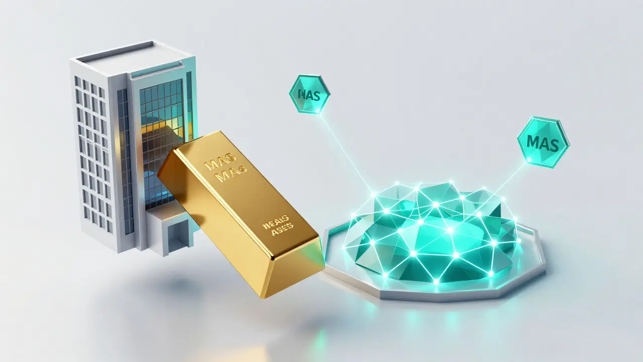 Low poly concept of physical gold and buildings transforming into digital tokens.