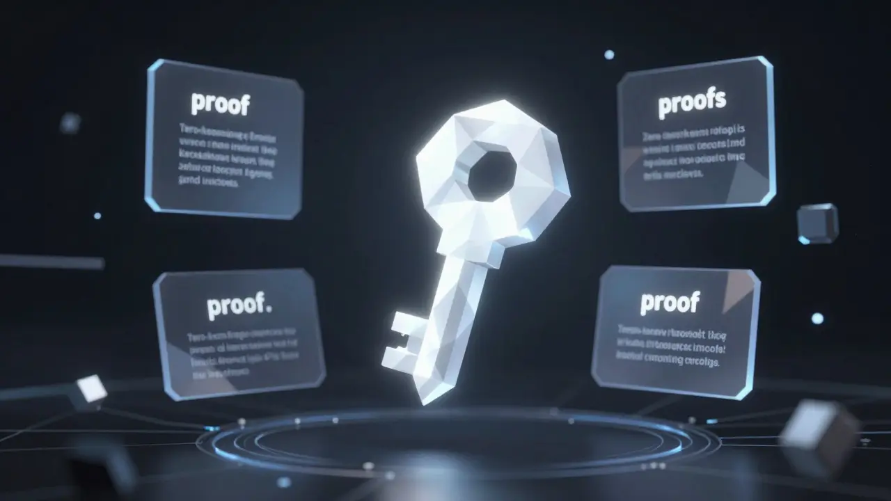 Low poly conceptual art of a glowing geometric key surrounded by abstract cryptographic proof panels.