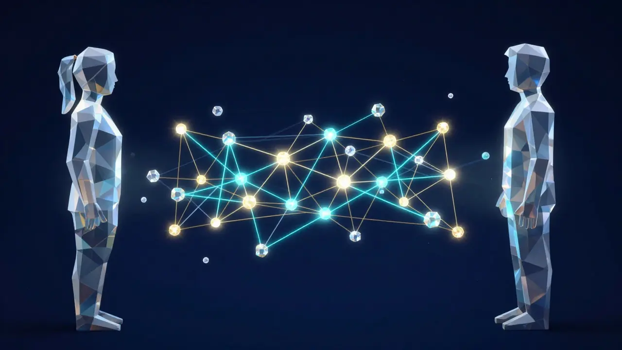 Low poly conceptual art showing a smart contract as a network of glowing geometric nodes