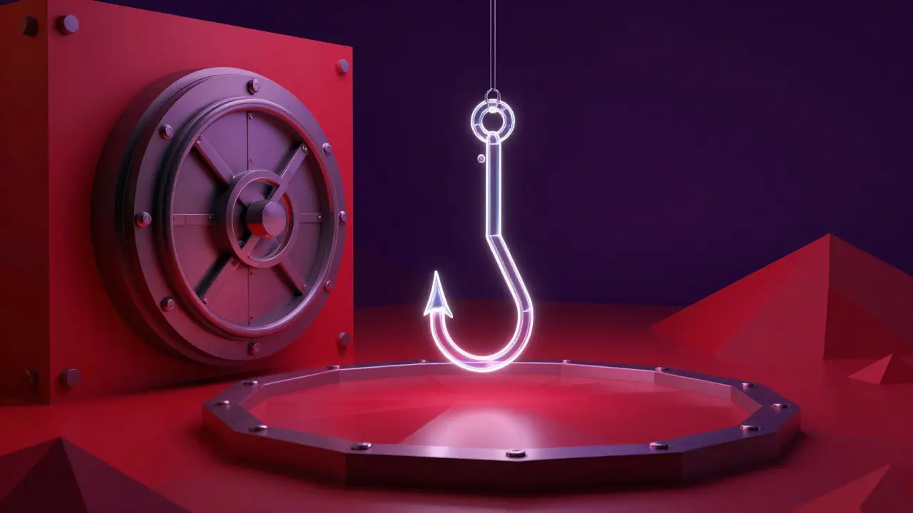 Low poly conceptual image of a neon fishing hook targeting a digital vault