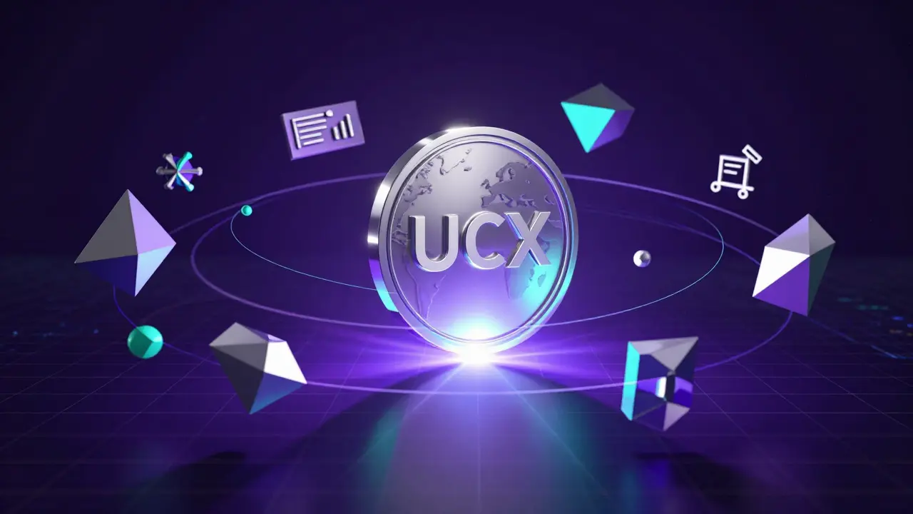 Low poly conceptual image of a UCX token surrounded by geometric corporate project shapes.