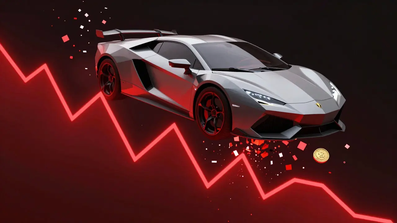 Low poly digital art of a luxury car dissolving over a crashing red price chart