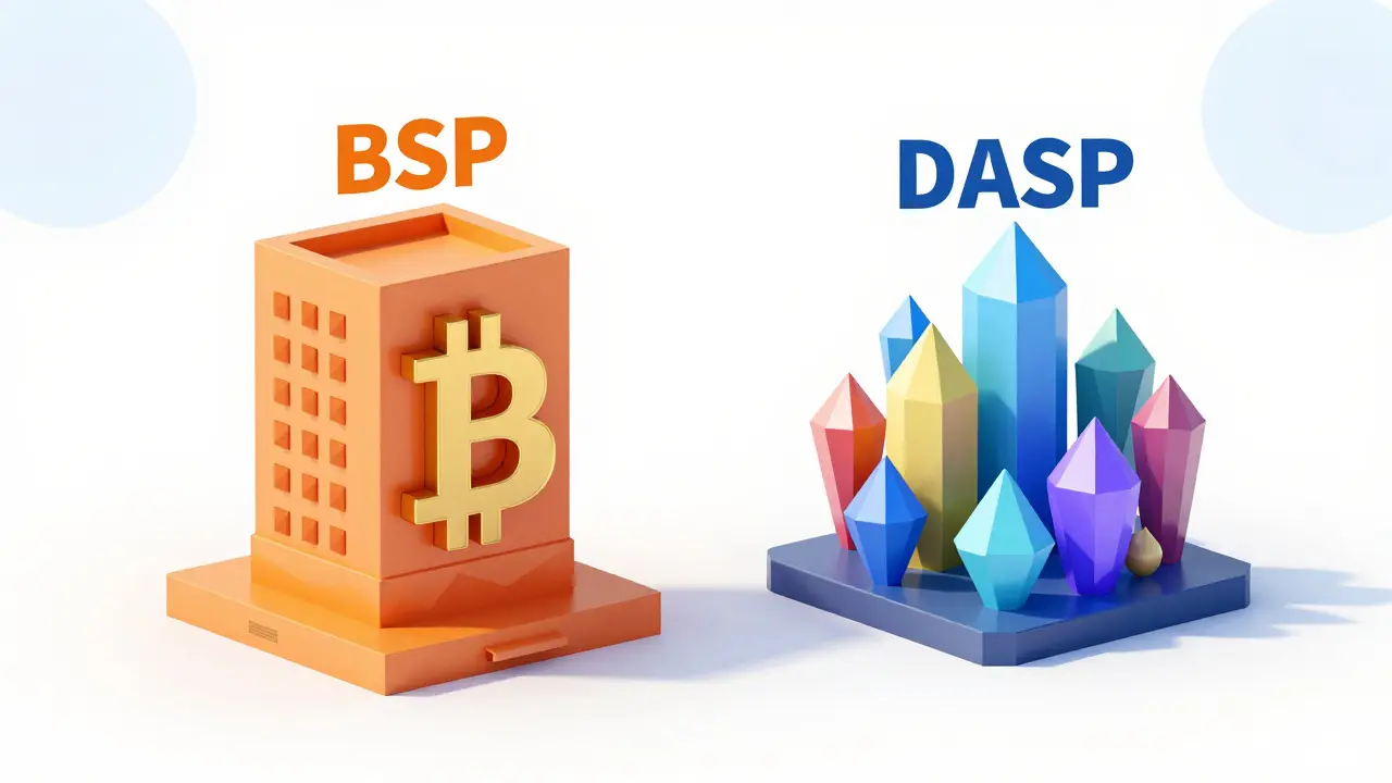 Low poly digital art showing two geometric buildings representing different crypto license types.