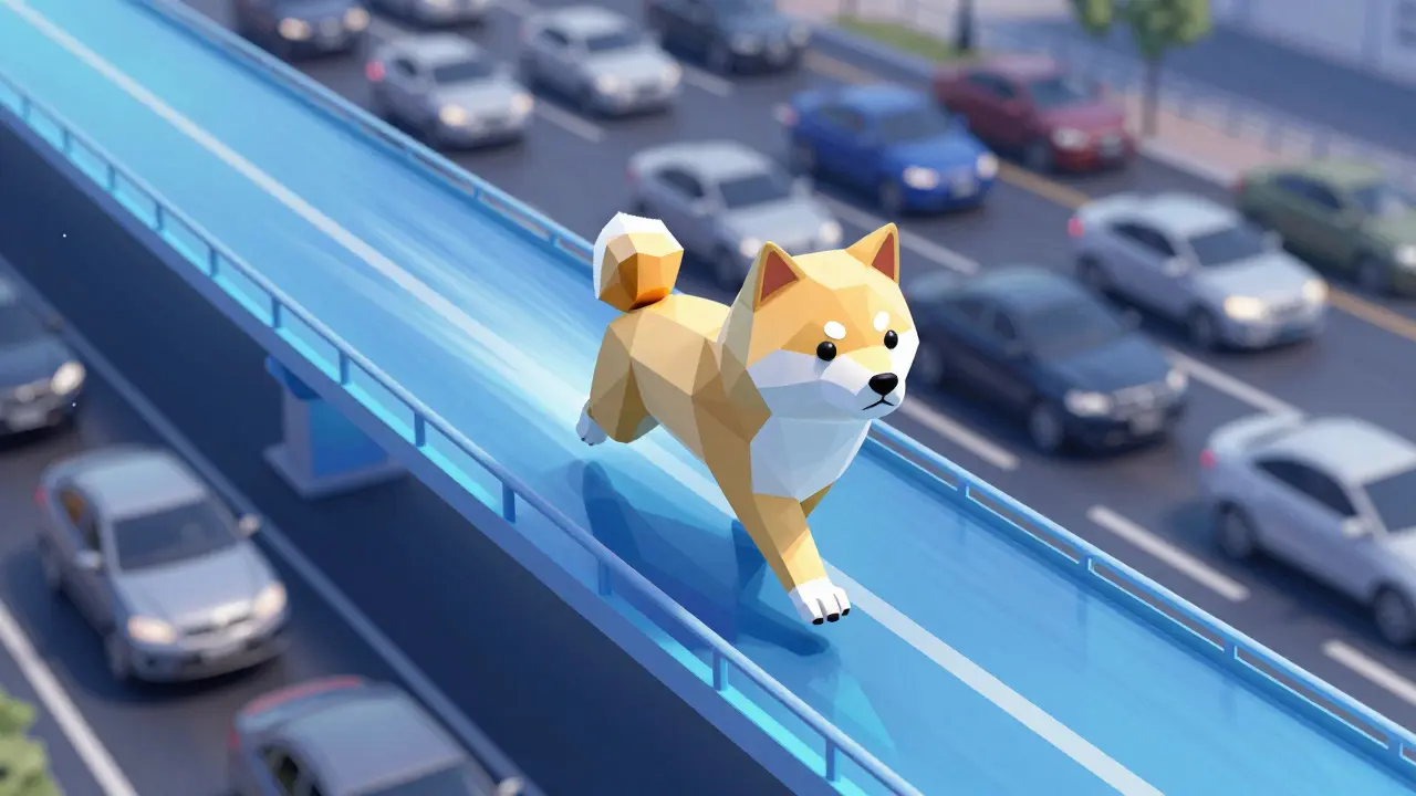 Low poly digital bridge showing a fast-moving Shiba Inu figure representing the Shibarium network