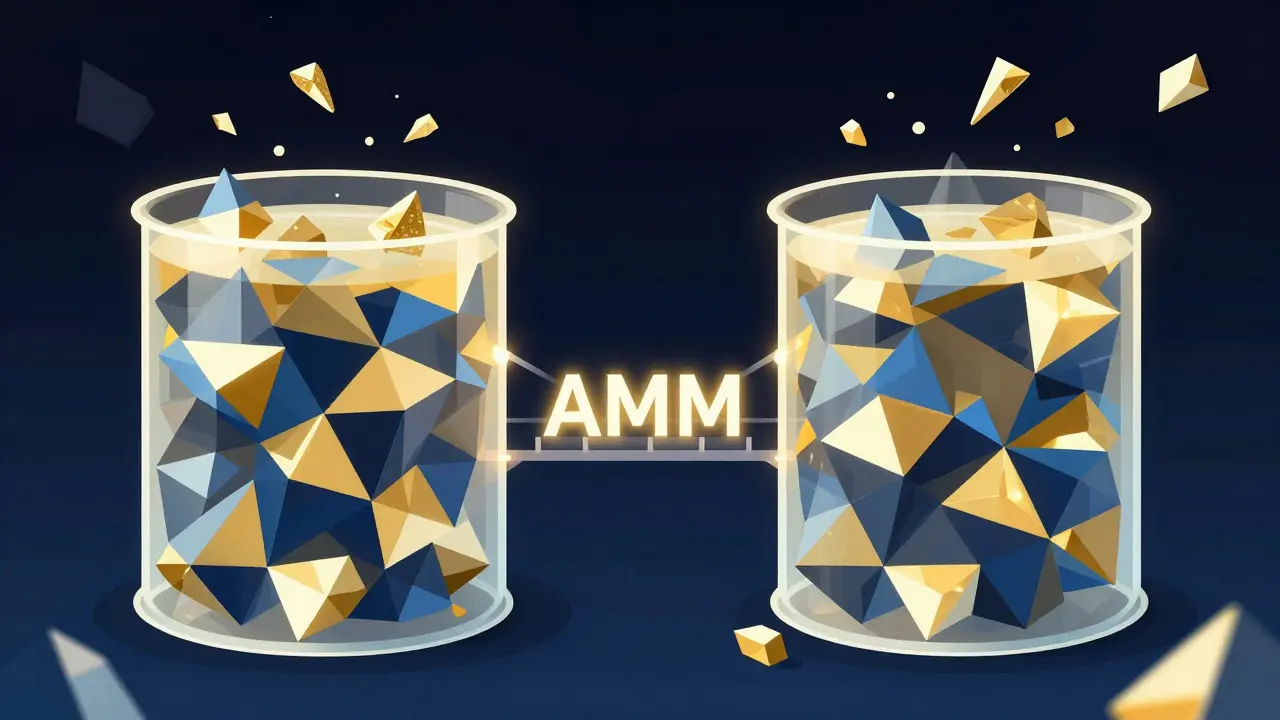 Low poly digital illustration of two glowing token reservoirs in a liquidity pool