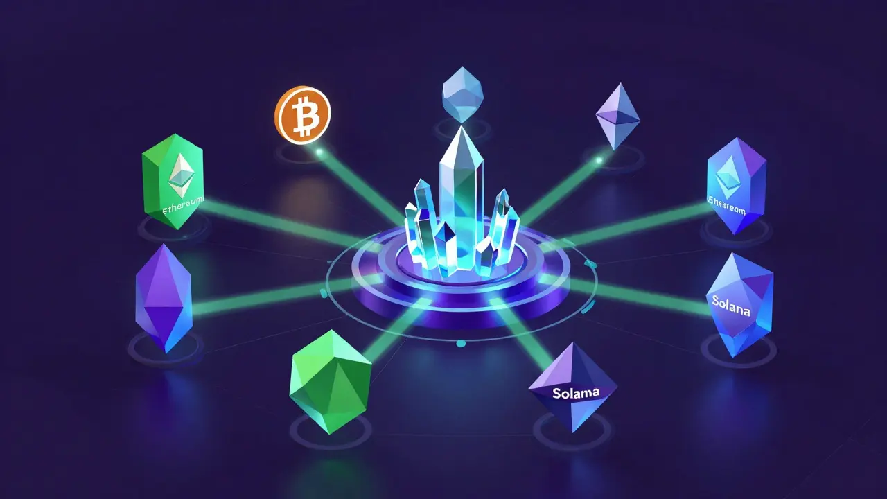Low poly digital network of cryptocurrency assets and tokenized elements in a professional hub.