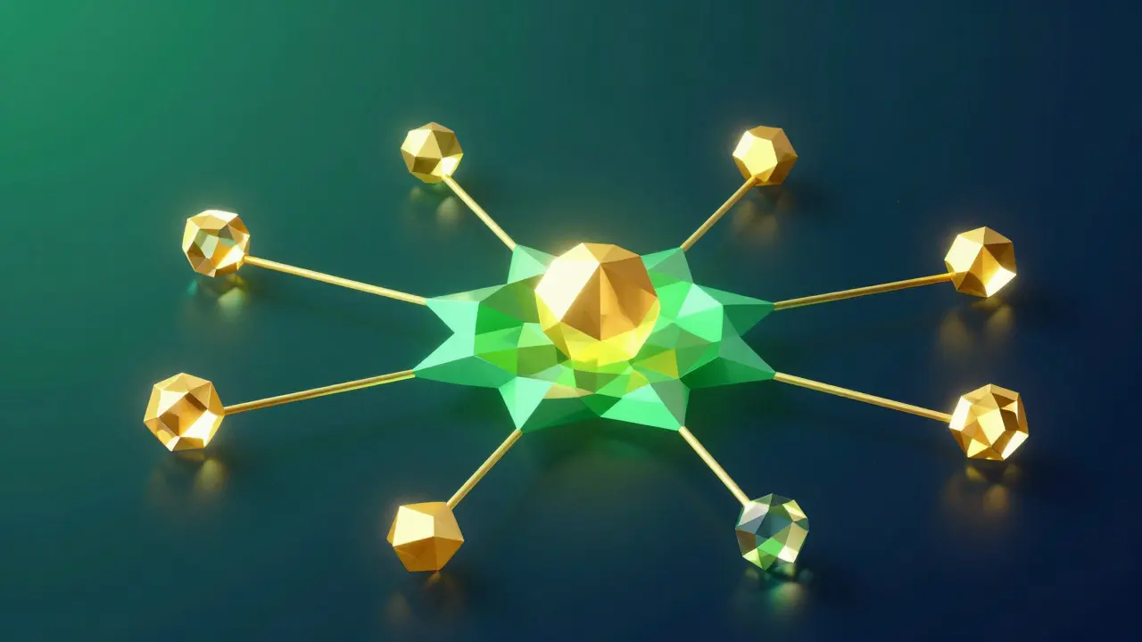 Low poly digital network showing a central core branching out to glowing gold nodes.