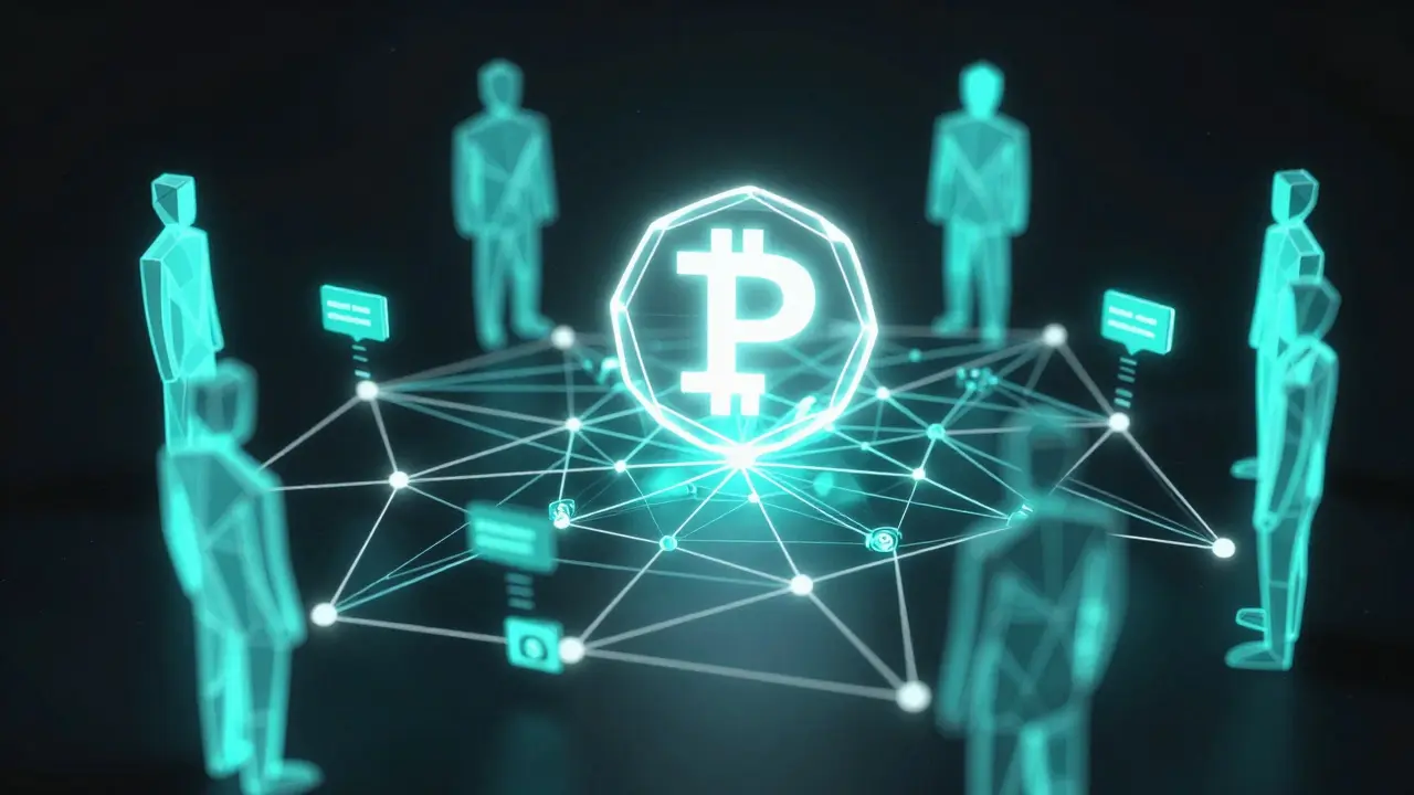 Low poly digital network showing connected silhouettes and a glowing USDT symbol.