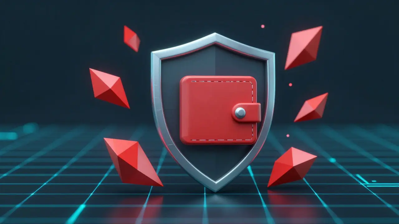 Low poly digital shield protecting a 3D wallet from red glitch shards