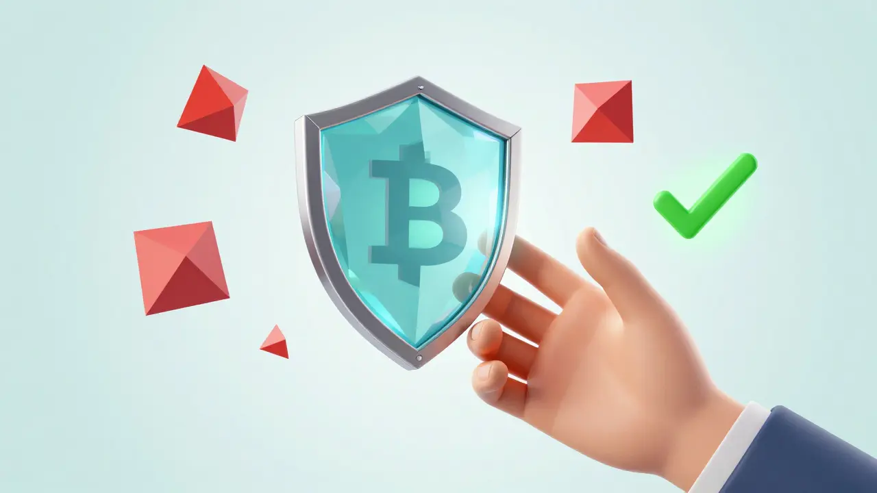 Low poly digital shield protecting a crypto wallet from red warning polygons