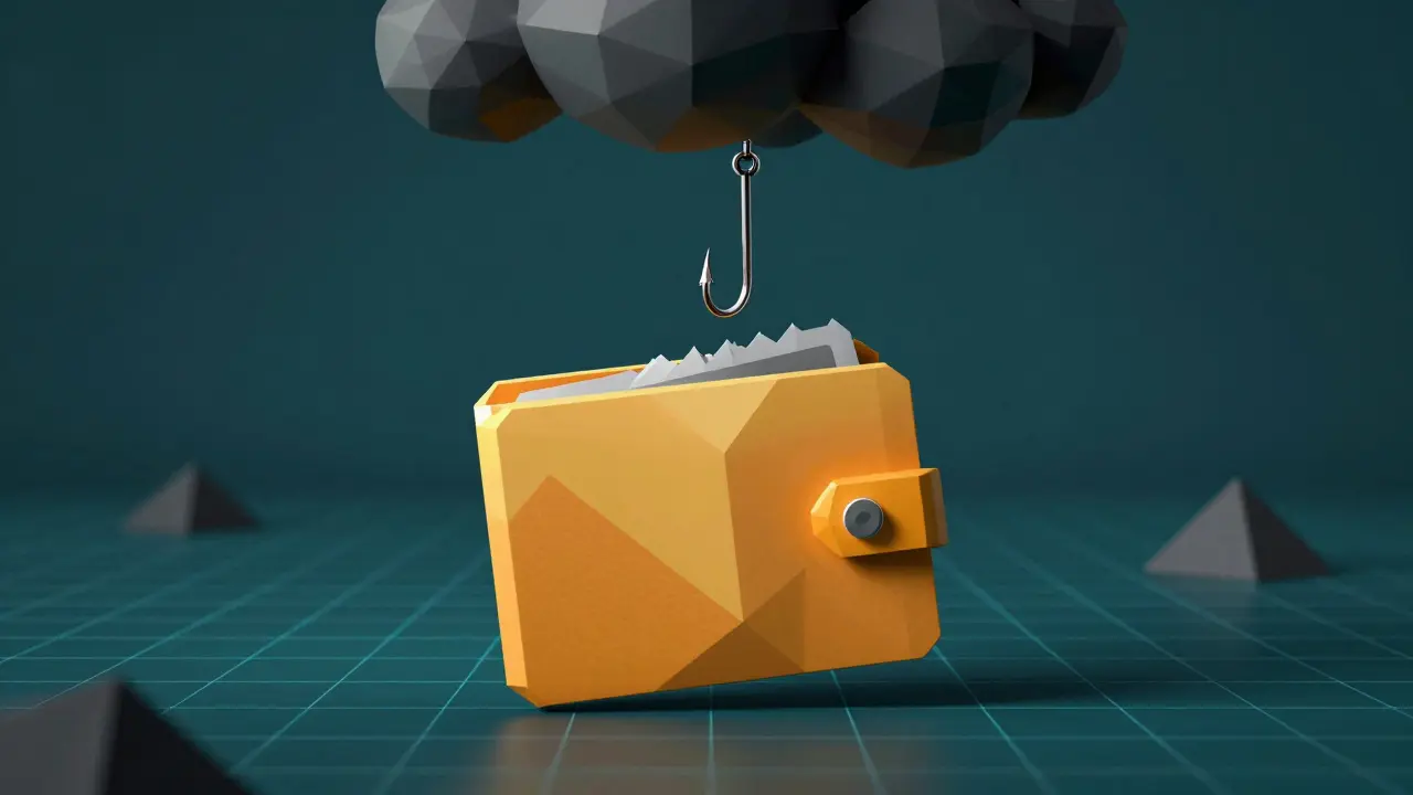 Low poly digital wallet being targeted by a geometric fishing hook on a grid