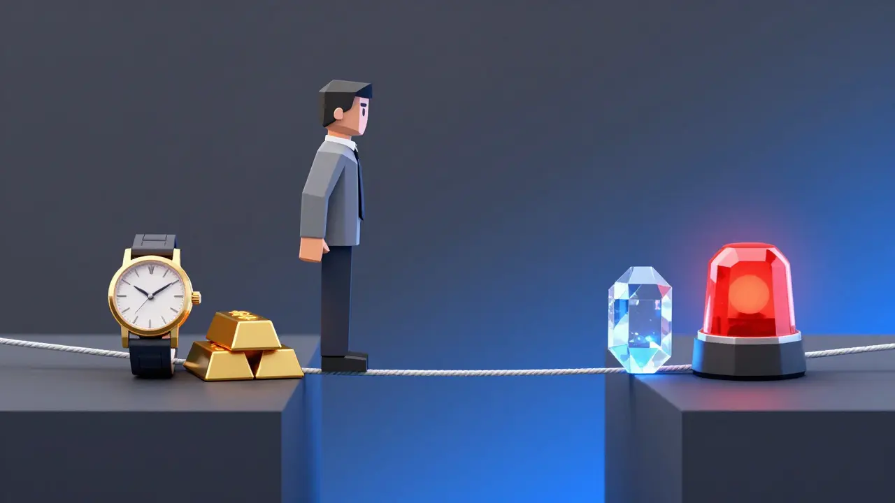 Low poly figure balancing on a digital rope between luxury items and a red police siren.