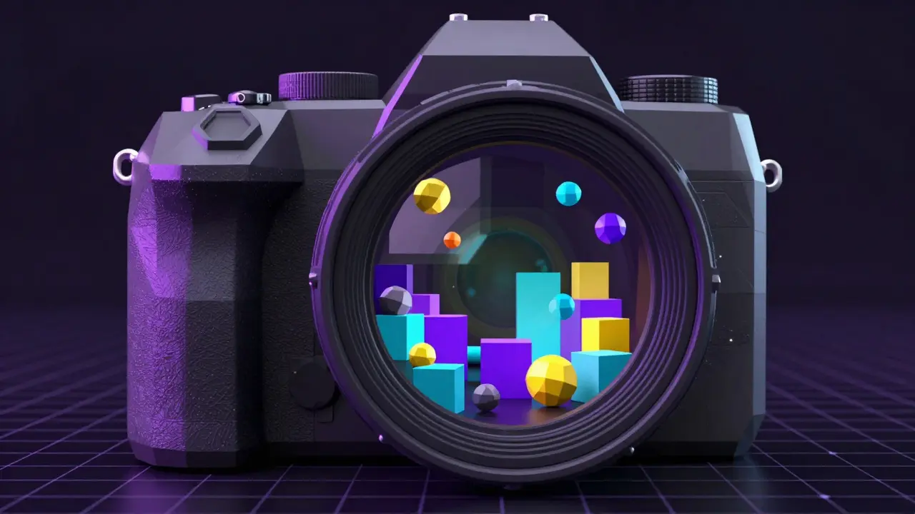 Low poly geometric camera lens capturing a snapshot of digital token blocks.