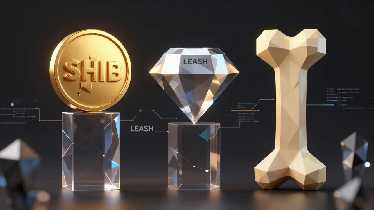 Low poly geometric representation of the SHIB, LEASH, and BONE tokens as three pillars