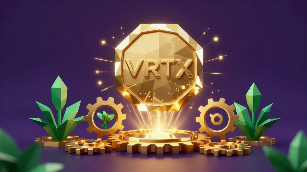 Low poly golden crystal token radiating energy over a digital ecosystem of gears.