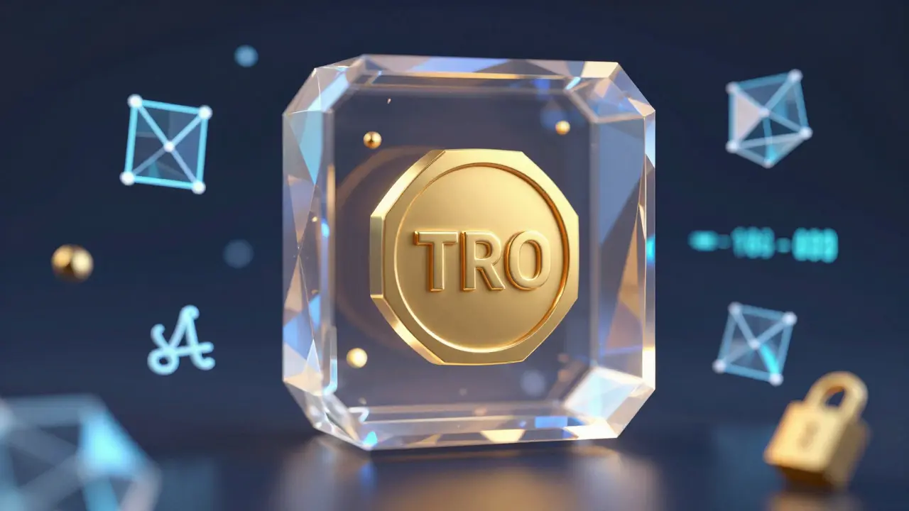 Low poly golden TRO token inside a crystalline vault with geometric data elements