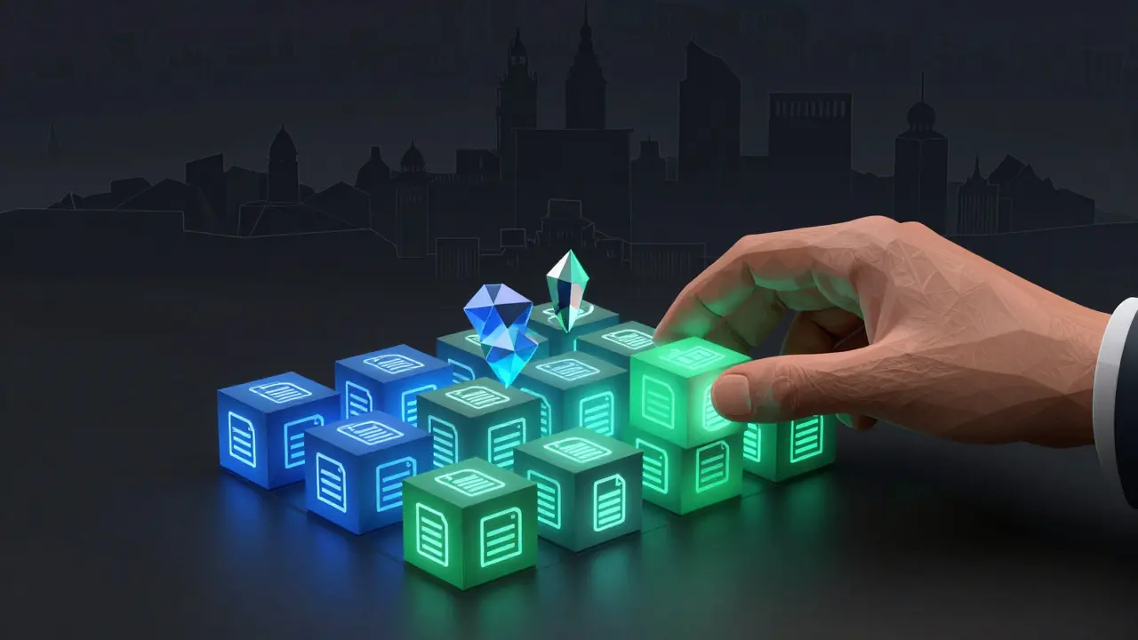 Low poly hand organizing digital data cubes in a futuristic workspace