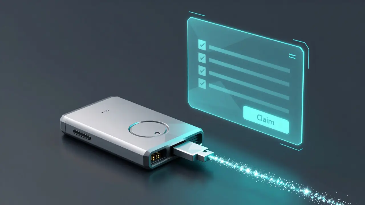 Low poly hardware wallet connecting to a holographic claim interface in a secure digital environment.