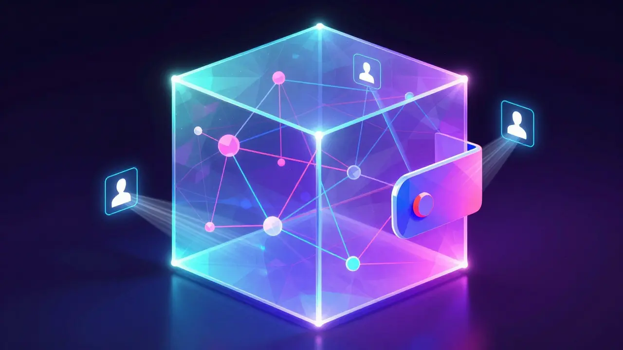 Low poly holographic cube with interconnected nodes and guardian silhouettes.