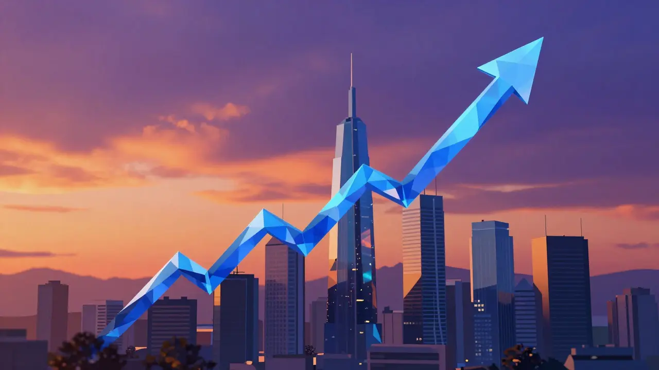 Low poly illustration of a futuristic city with a rising digital growth arrow.