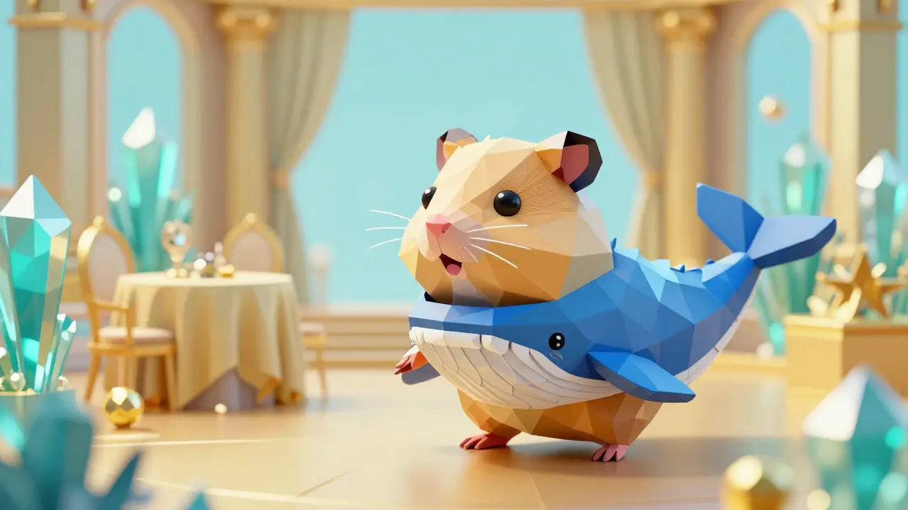 Low poly illustration of a hamster in a fake whale suit in a futuristic setting