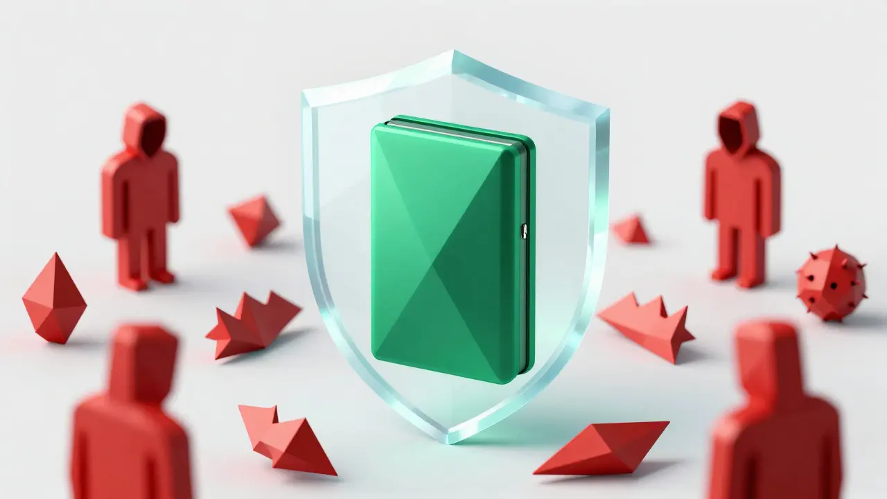Low poly illustration of a hardware wallet protected by a digital shield from malware