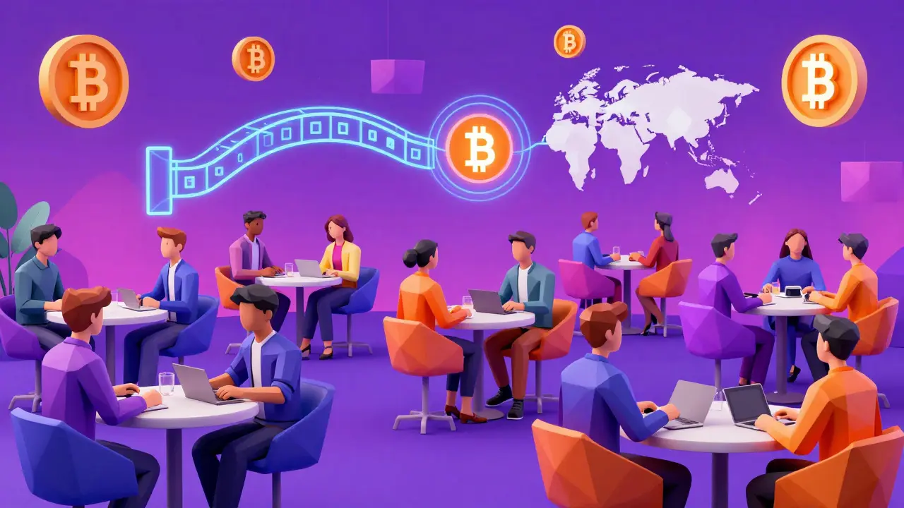 Low poly illustration of young tech innovators networking in a digital finance hub.