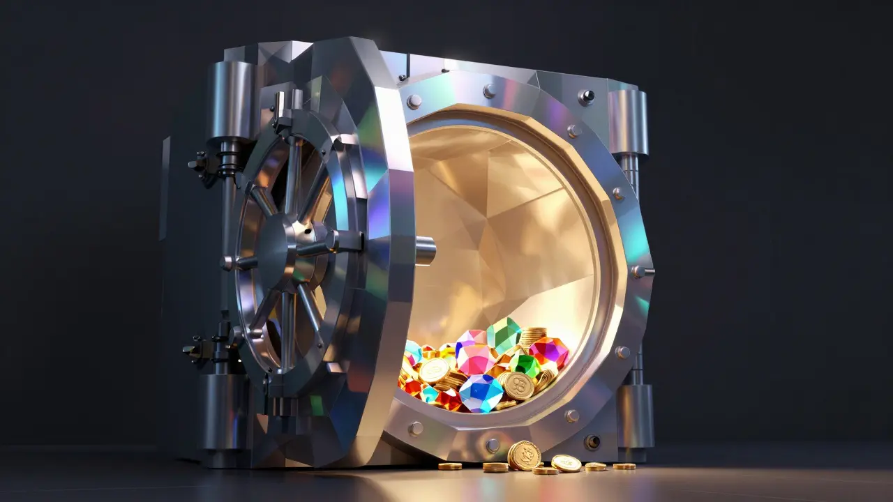 Low poly iridescent digital vault open to reveal glowing multi-colored crypto tokens.