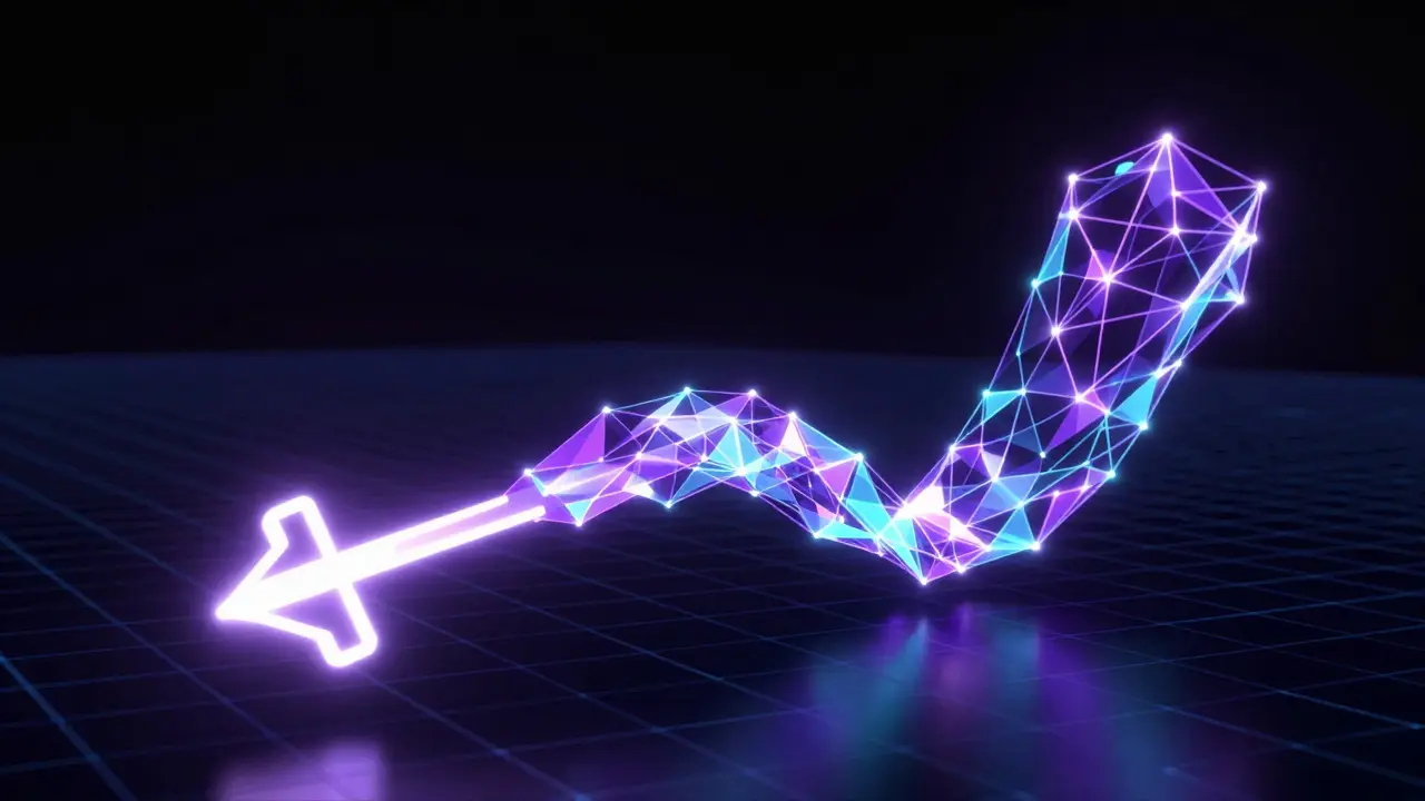 Low poly neon ribbon transforming from a point to a crystal structure