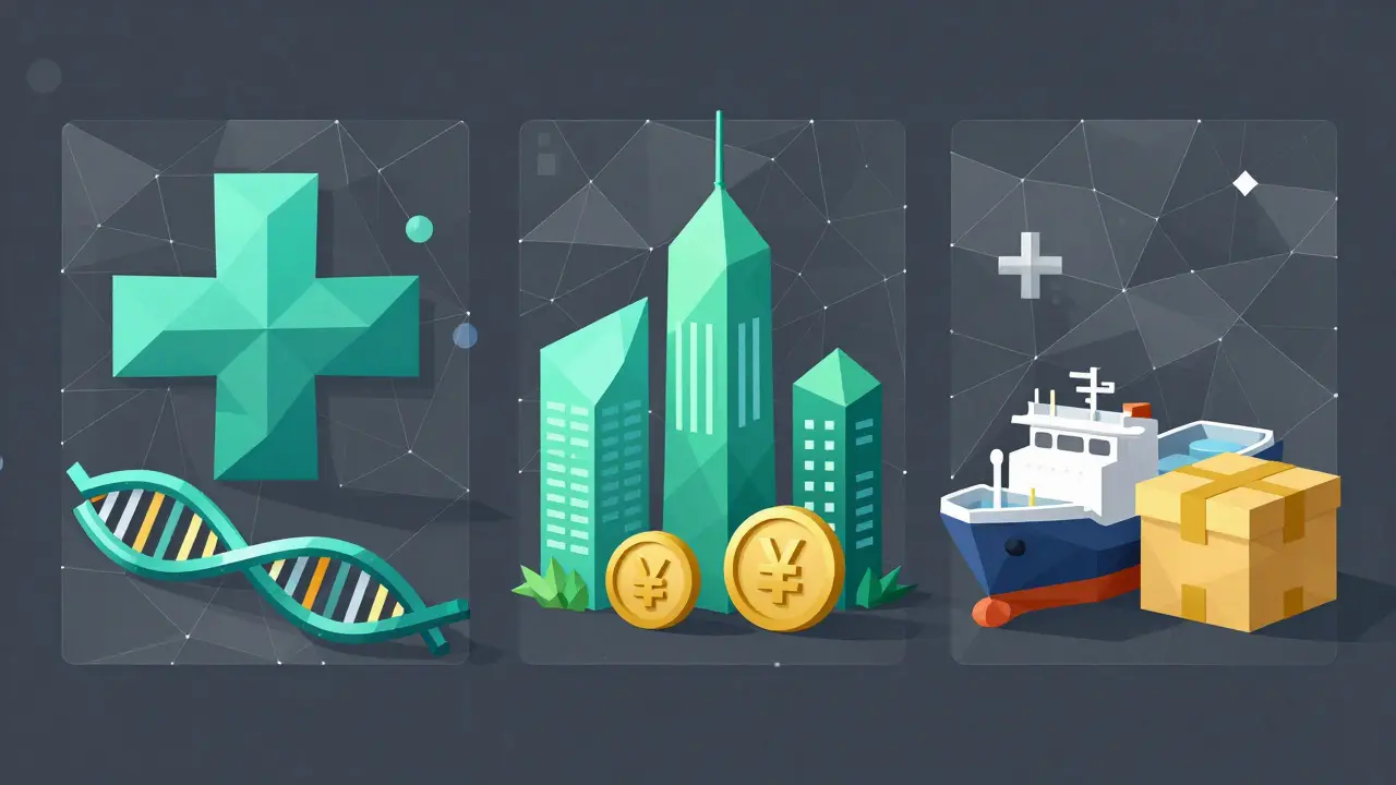 Low poly representation of healthcare, finance, and supply chain sectors protected by a digital mesh.