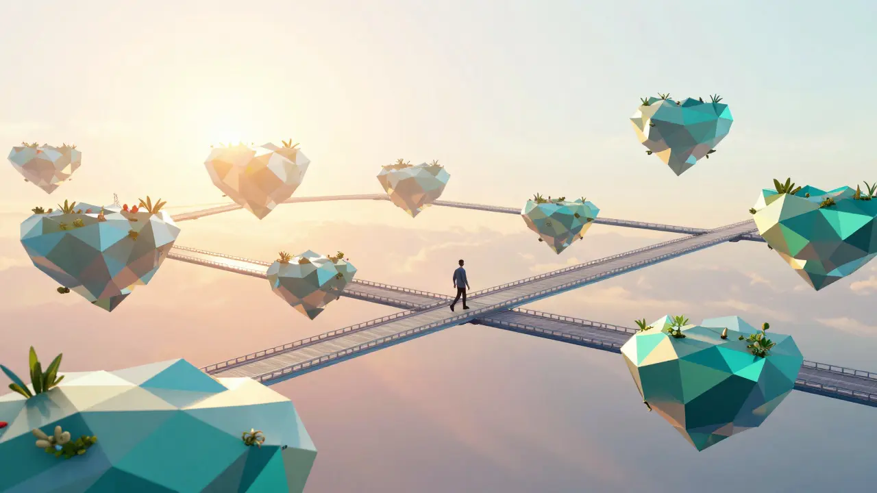 Low poly scene of a person walking across a glowing bridge connecting digital islands.