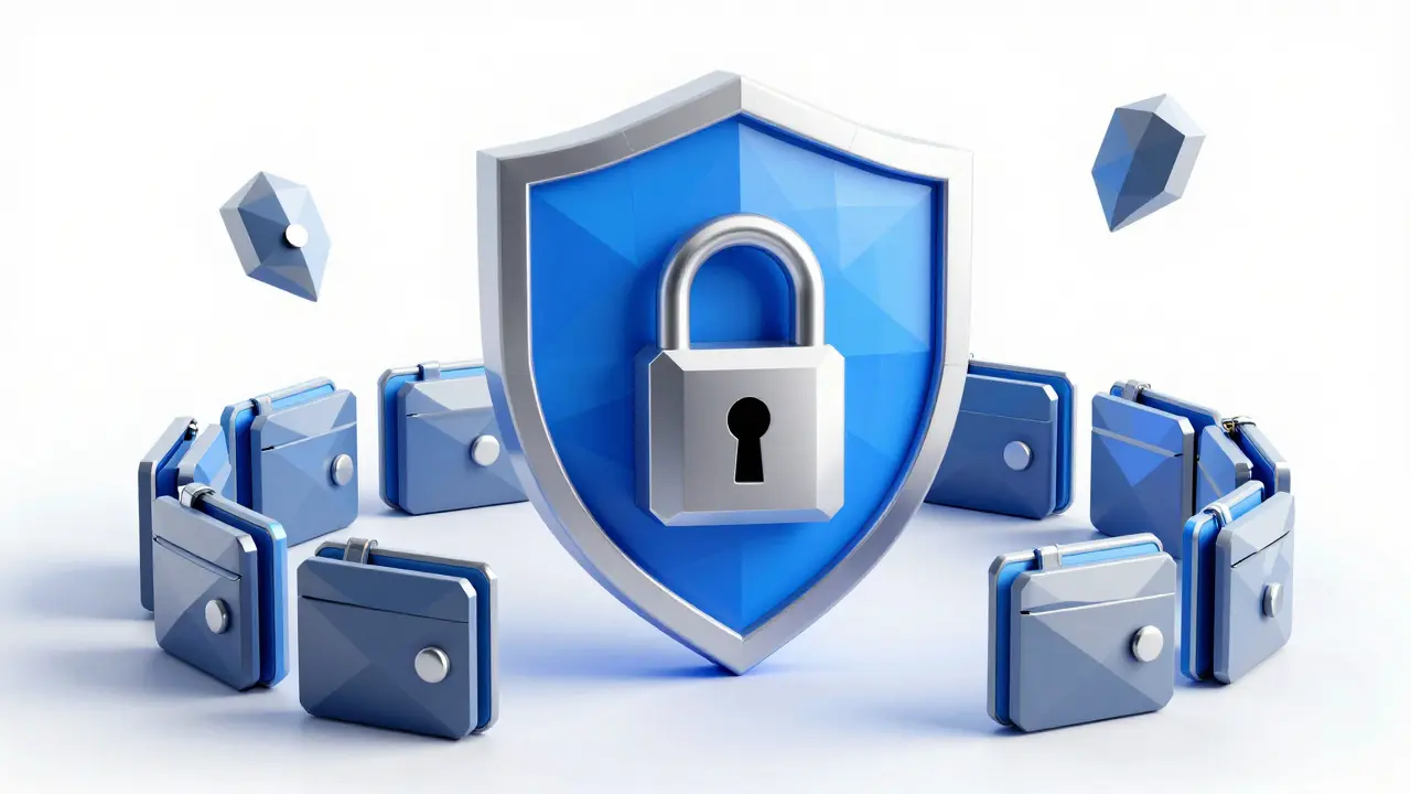 Low poly secure digital fortress with a shield and protective burner wallets