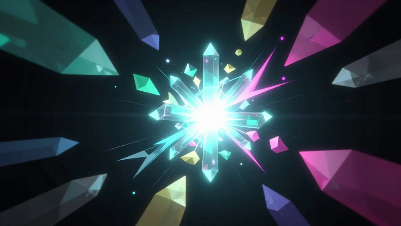 Low poly shards of light merging into a single glowing crystalline orderbook.