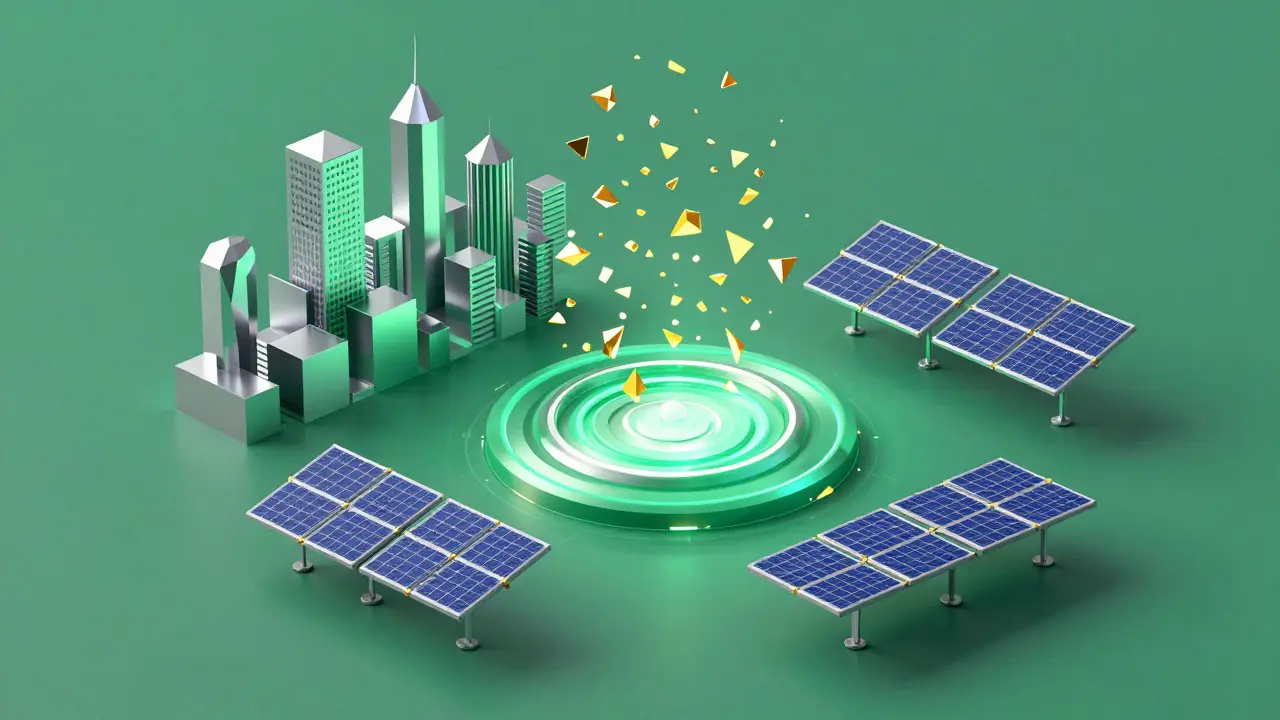 Low poly visualization of a city and solar farm being broken into digital asset tokens