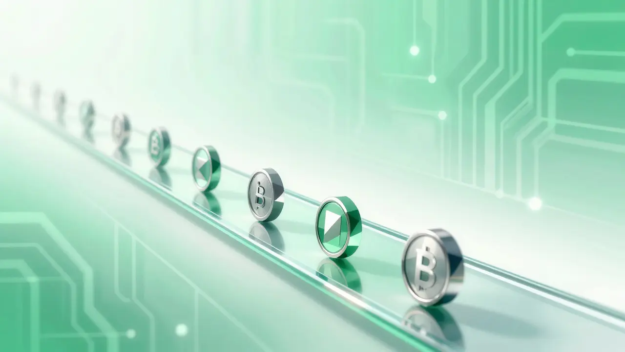 Sleek polyhedral coins flowing rapidly along a transparent path