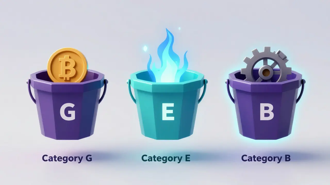 Three stylized low poly containers representing different crypto tax categories