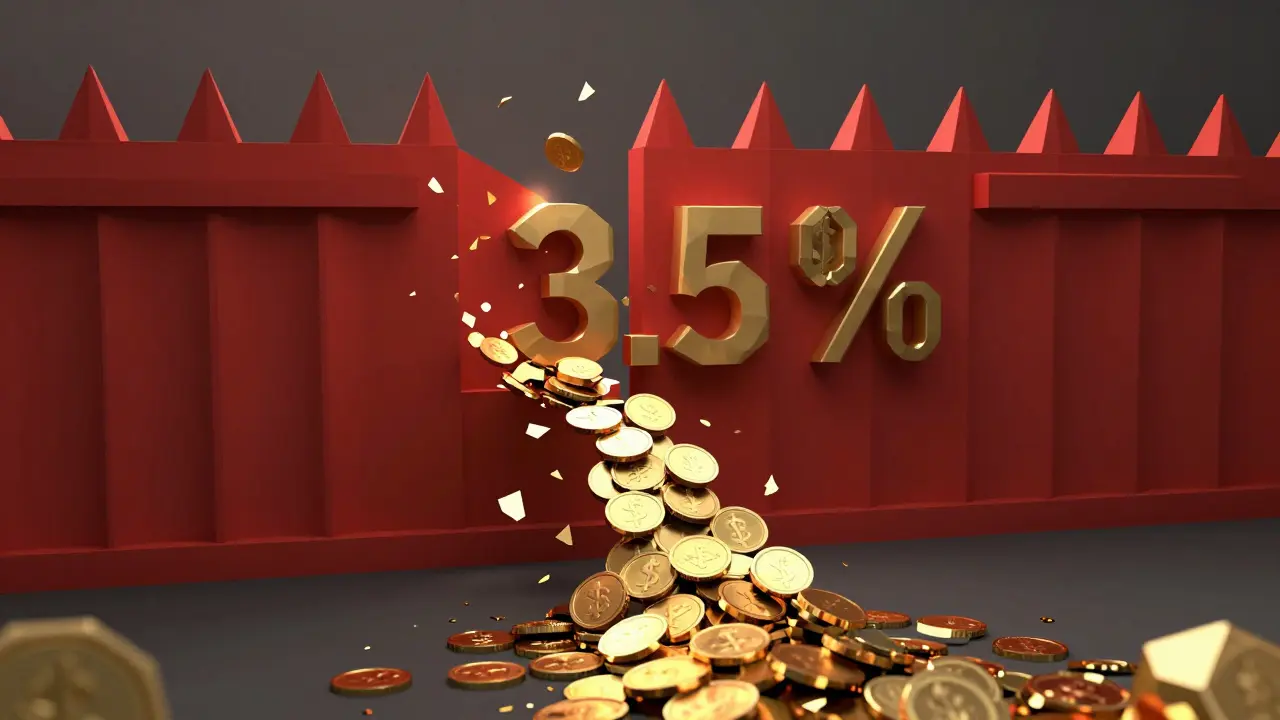 Abstract low poly art showing coins blocked by a red wall representing fees