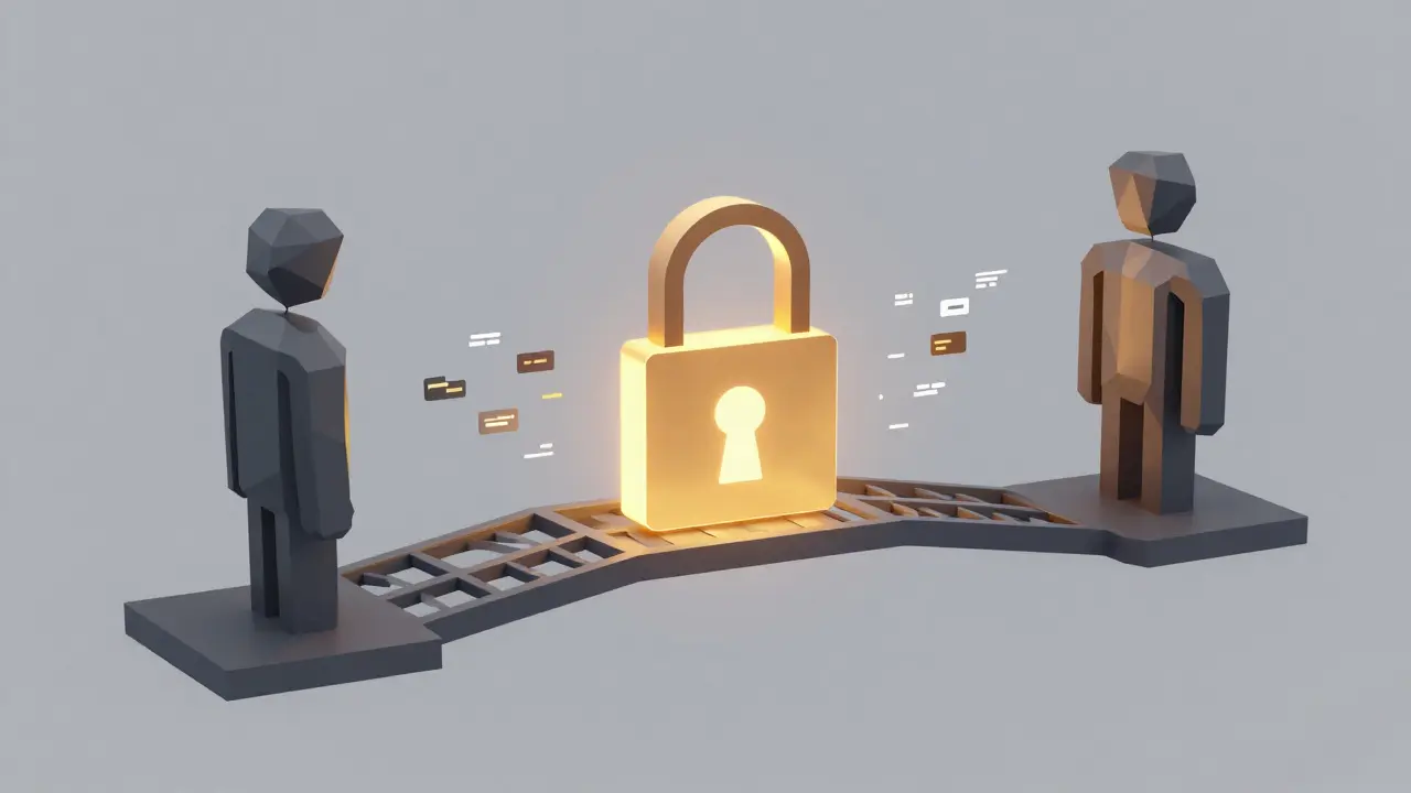 Abstract low poly art showing secure smart contract exchange between two geometric figures.