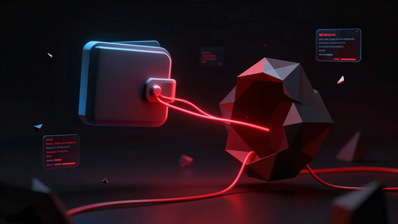 Abstract low poly illustration of a digital wallet being drained by red wires