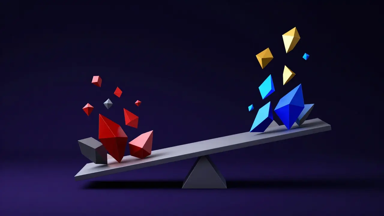 Abstract low poly scale showing market risk versus speculative reward.