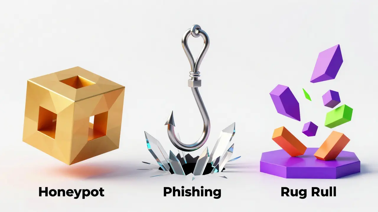 Abstract low poly shapes representing honeypot, phishing, and rug pull scams