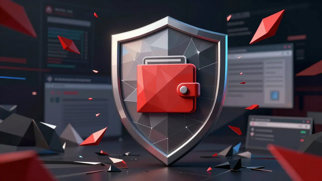Abstract low poly shield protecting crypto assets from digital scams
