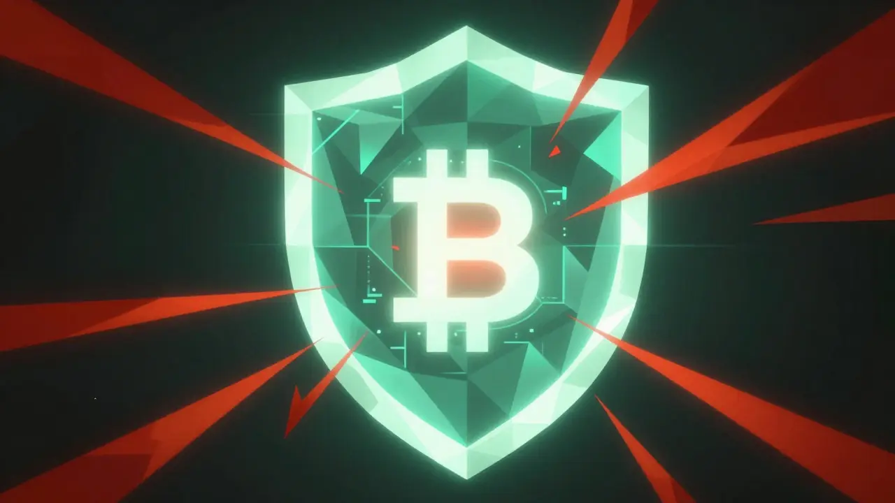 Abstract low poly shield protecting digital assets from red threat vectors, symbolizing security against crypto scams.
