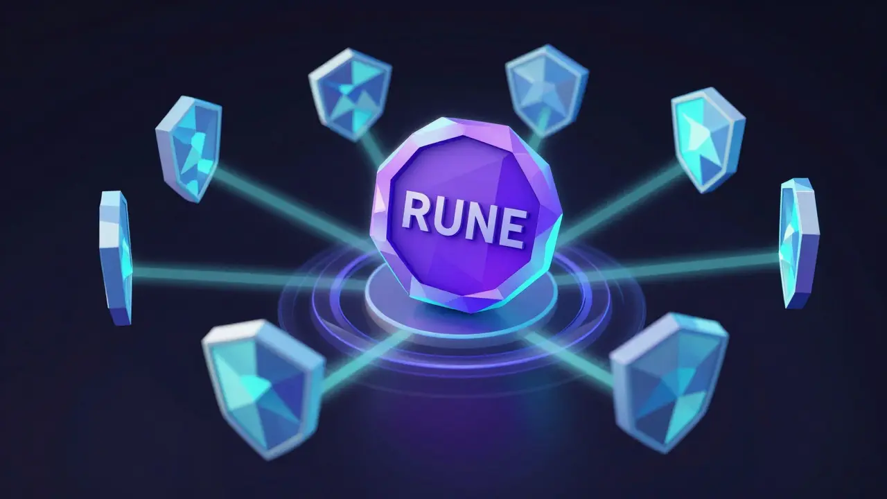 Abstract low poly visualization of RUNE tokens securing network nodes with glowing shields.