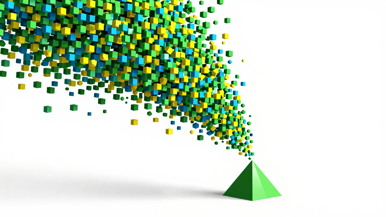 Avalanche of colorful cubes dwarfing a small pyramid